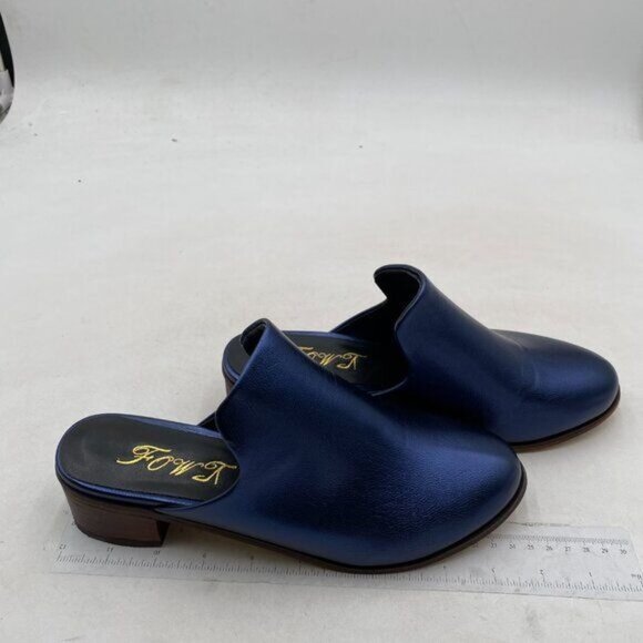 FOWT Dark Blue Closed Toe Mules Slip On Retro Loafer Low Chunky Heel Slippers - Picture 4 of 8